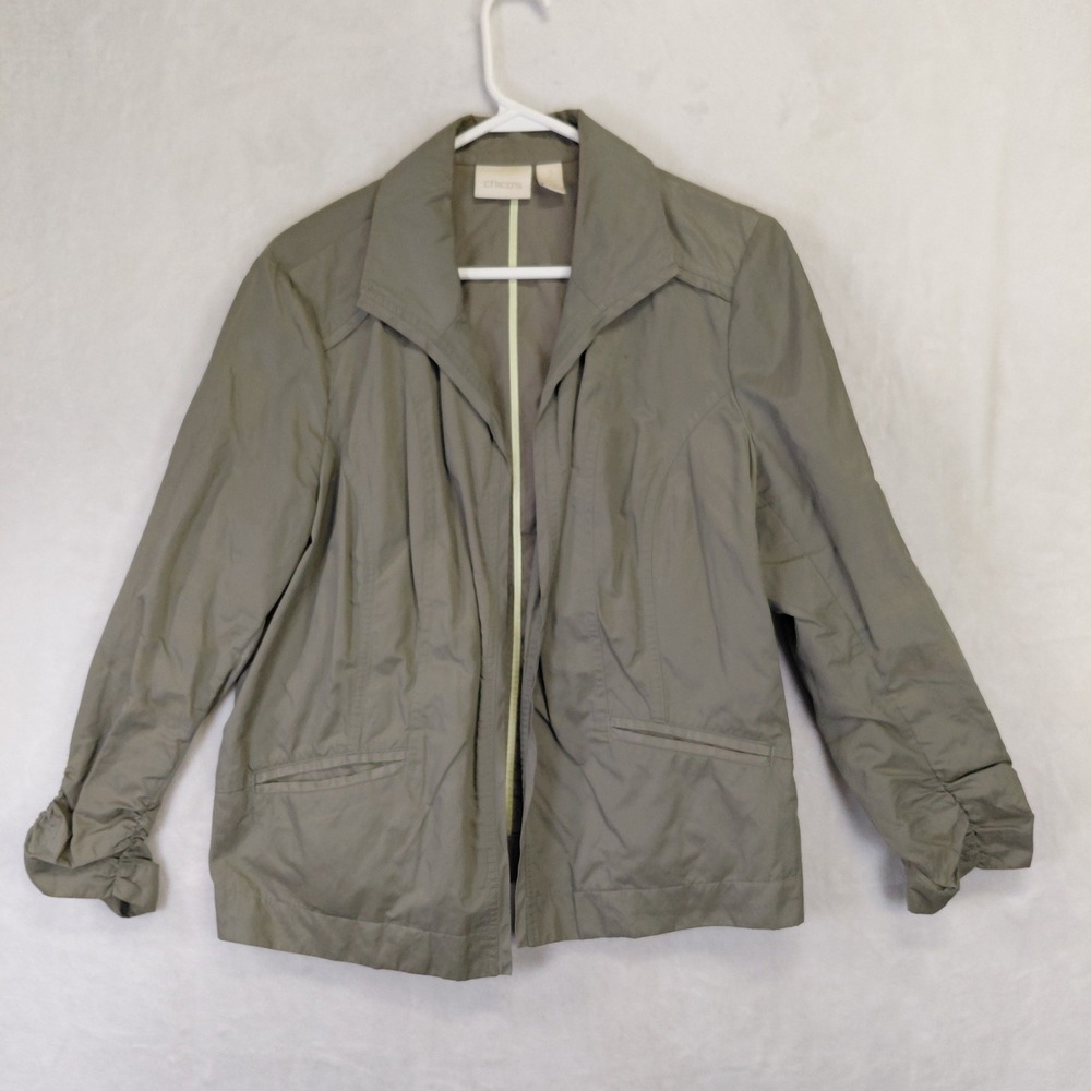 Chicos Olive Green Open Front Utility Jacket Ruched Sleeve Size 2 Large